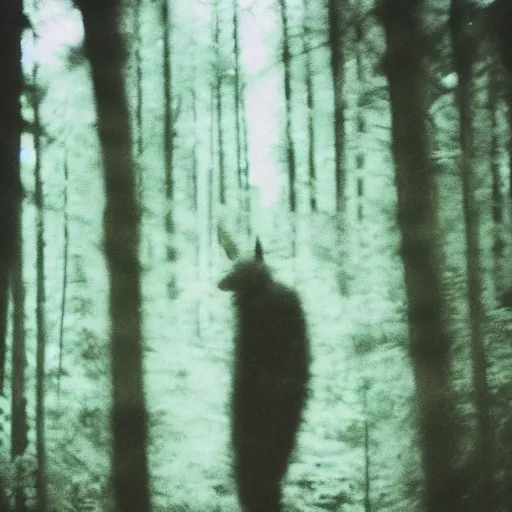 Image similar to skinwalker in a forest, blurry photo, polaroid, expired film,