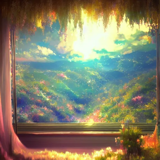 Prompt: a heavenly dream view from the interior of my cozy dream world filled with color from a Makoto Shinkai oil on canvas inspired pixiv dreamy scenery art majestic fantasy scenery fantasy pixiv scenery art inspired by magical fantasy exterior illumination of awe and wonder