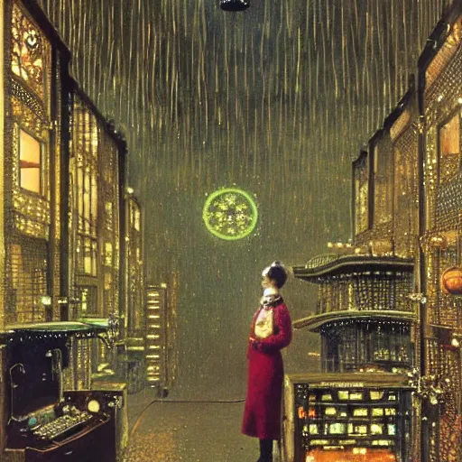 Prompt: A kinetic sculpture. A rip in spacetime. Did this device in her hand open a portal to another dimension or reality?! Hadean by John Atkinson Grimshaw riotous