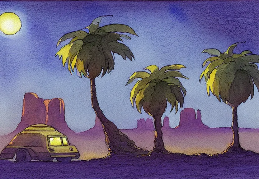 Image similar to a simple watercolor fantasy concept art of a dark grey boxy ufo next to a palm tree at night in monument valley. by studio ghibli, rebecca guay, michael kaluta, charles vess