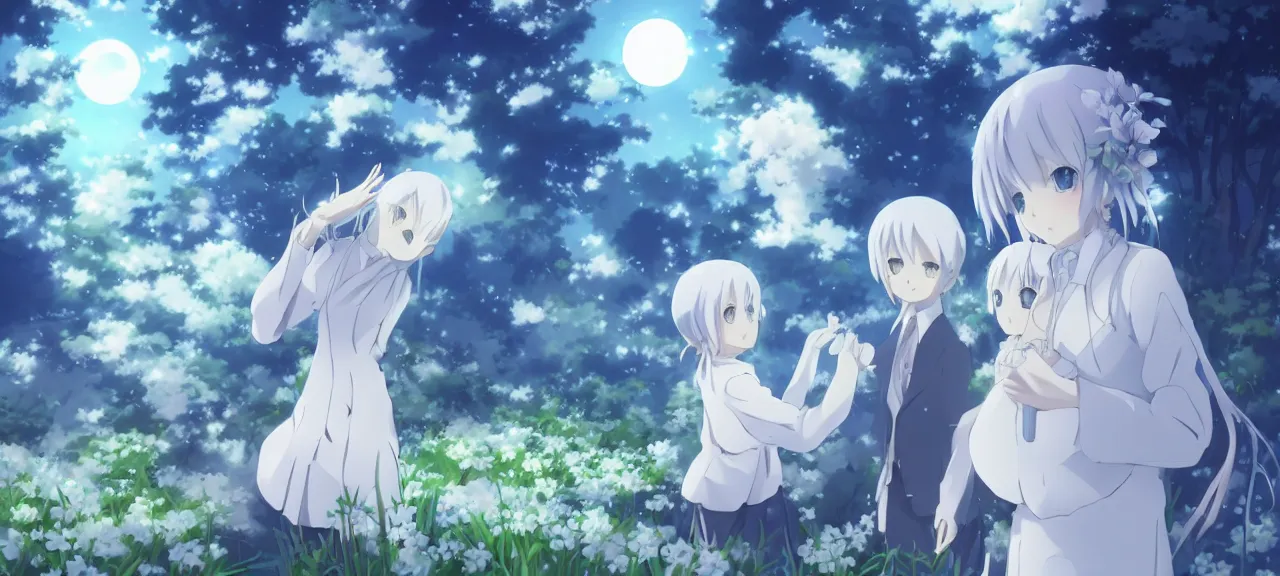 Prompt: Konpaku petting aqua ghost | ghibli clover | Big Moon at Blue Night | Trees with white flowers | bioluminescent blue FLOWERS | strong blue rimlit | visual-key | anime illustration | highly detailed High resolution | Light Novel | Visual Novel | Gosick