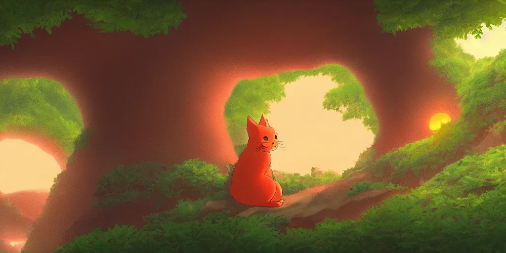 Image similar to red cat shaped like totoro looking into large cave entrance in a lush forest, beautiful ambiance, sunset, studio ghibli style, by hayao miyazaki, sharp focus, highly detailed, 4k