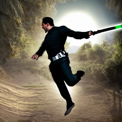 Prompt: Determined man jumping through the air with a lightsaber to attack a screaming donkey