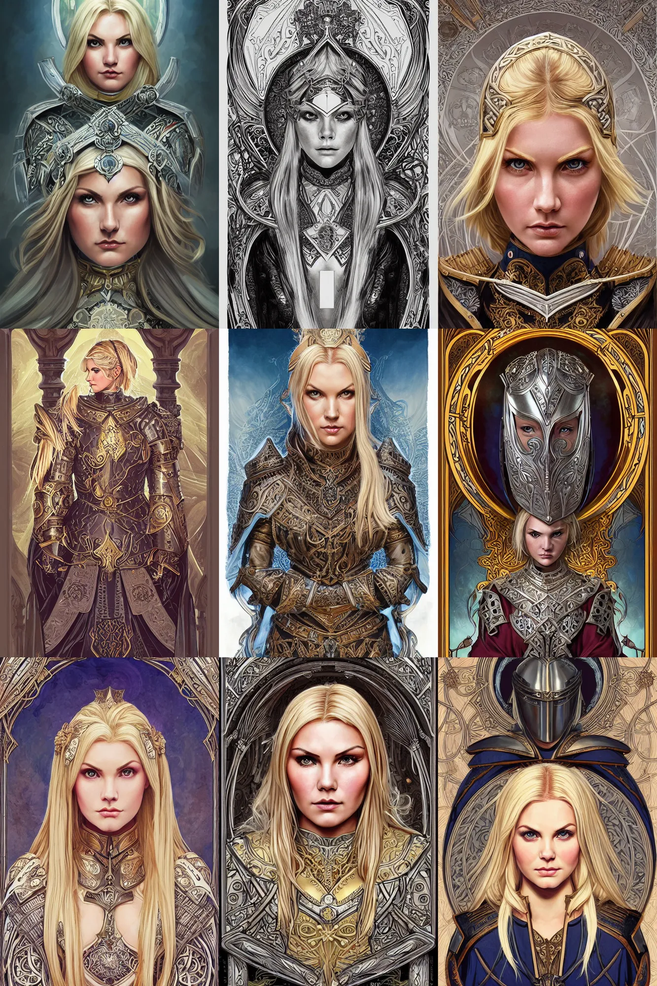 Image similar to head-on symmetrical centered painted portrait, Elisha Cuthbert as a paladin, blonde hair, ornate heavy plate armour, art nouveau, tarot card style, medieval robes, fantasy, intricate, elegant, highly detailed, smooth, sharp focus, illustration, artstation, in the style of Artgerm and Anna Podedworna and Alex Ross and Mucha