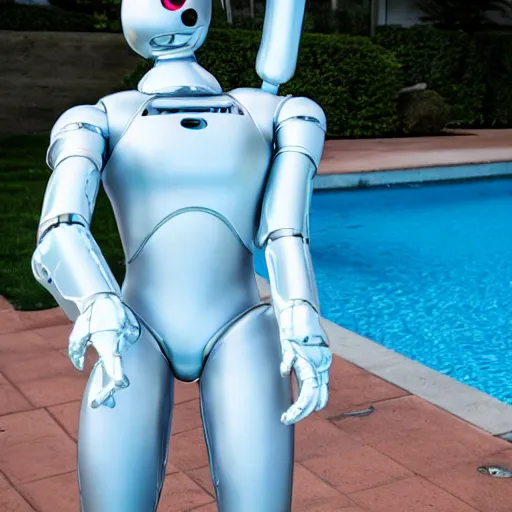 Image similar to by the pool, shiny skin, a realistic detailed photo of a guy who is an attractive humanoid who is half robot and half humanoid, showing off his muscles, twitch streamer / gamer ludwig, humanoid robot, who is a male android, on display, frozen ice statue, posing like a statue, made of ice, blank stare