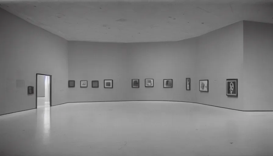 Image similar to 60s movie still of a sovietic stalinist style empty art museum with a soviet congress with yellow wall, LOMOGRAPHY ORCA 100 B&W (110), liminal Space style, heavy grain