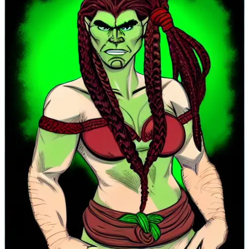 Prompt: green-skinned half orc barbarian with red braided hairstyle