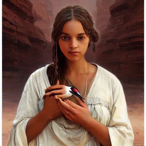 Prompt: artstation concept of a beautiful girl holding a dove, brown skin, sweaty skin, symmetrical face, casual white garment, brown canyon background, shiny colorful, hyperdetailed, artstation trending, world renowned artists, worth1000.com, historic artworks society, antique renewal, cgsociety, by greg rutkowski, by Alfons Maria Mucha, Deviantart