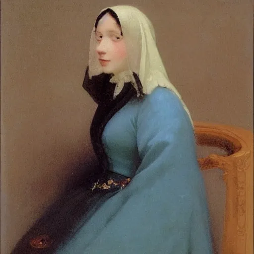 Image similar to a young woman’s face, her hair is white, she wears a long flowing blue satin veil, by ivan aivazovsky and pieter claesz and paul delaroche and alma tadema and august malmstrom and and willen claesz heda and aelbert cuyp and gerard ter borch and isaac levitan and jean giraud, fine detail, hyperrealistic, rendered in octane