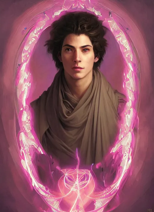 Image similar to character concept portrait of an attractive young smirking Spanish wizard with pink skin conjuring a love spell, a floating iridescent spell book in the center, intricate, elegant, digital painting, concept art, smooth, sharp focus, illustration, from Metal Gear, by Ruan Jia and Mandy Jurgens and William-Adolphe Bouguereau, Artgerm