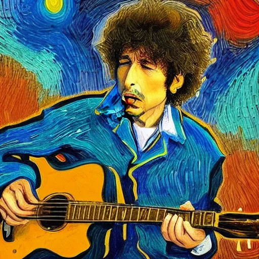 Prompt: an artistic portrait of bob dylan, high quality, studio photography, colourful, hero, heroic, beautiful, in the style of vincent van gogh