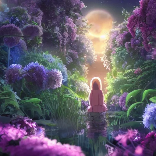Prompt: spirit creature in the flowers at night made by studio ghibli, beautiful scene, detailed, high quality, high details, smooth, 8 k,