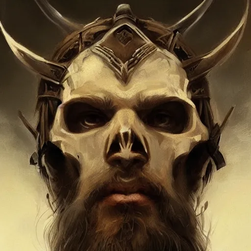 Prompt: a beautiful artwork portrait of a viking skull with horns study by greg rutkowski , featured on artstation, norse mythology, valhalla