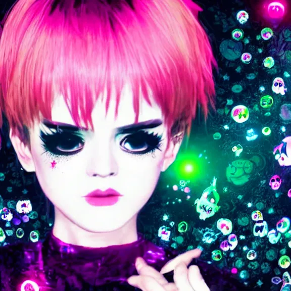 Image similar to photo of a emo manic pixie dream girl, 8k, portrait | sanrio glitchcore yokai girl, shadowverse character concept, found footage horror, glitter gif