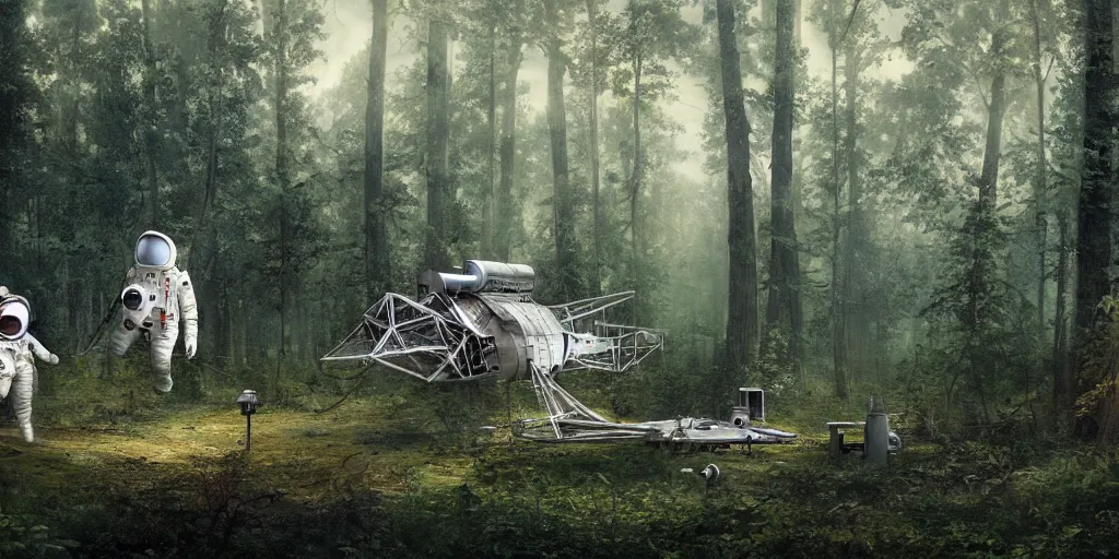 Image similar to an astronaut and a space ship in a forest, a detailed matte painting by frieke janssens, featured on cgsociety, space art, matte painting, matte drawing