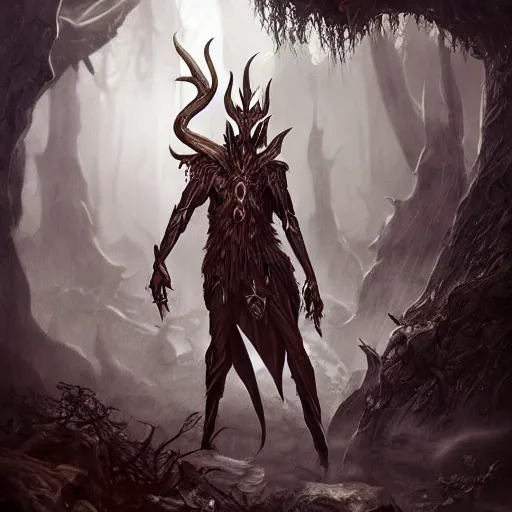 Image similar to dark fantasy concept of elven tree elf god, with dark steel and eldritch wood armor on a mountain, cinematic, dynamic lighting, photorealistic, ultra detailed, trending on art station, stunning visuals, creative, hyper detailed