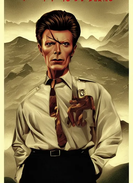 Prompt: twin peaks poster art, portrait of the david bowie fbi agent, this world wasn't enough for him, by michael whelan, rossetti bouguereau, artgerm, retro, nostalgic, old fashioned