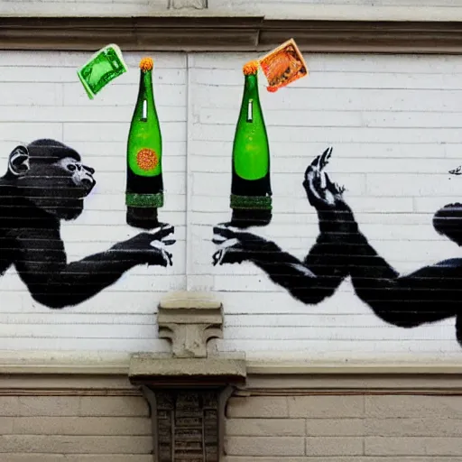 Image similar to display of 2 apes holding champaign bottles, money falling from the sky, made by banksy