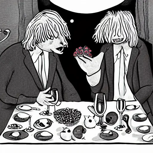 Prompt: boris johnson cartoonized. hyperrealistic. cartoonized cat. they have a romantic dinner. folk horror style art