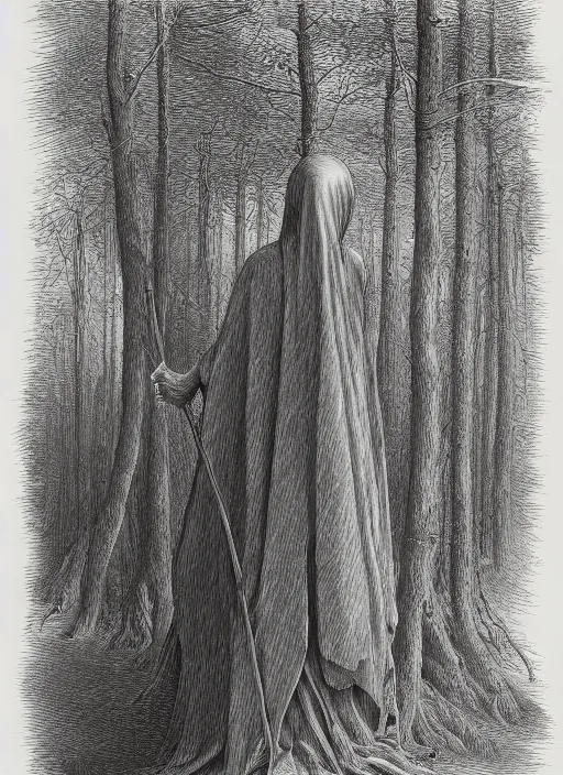 Image similar to faceless grim reaper with veil over face at far distance in beautiful forest, detailed pencil illustration by gustave dore, highly detailed, centered, high resolution, smooth, sharp focus, illustration