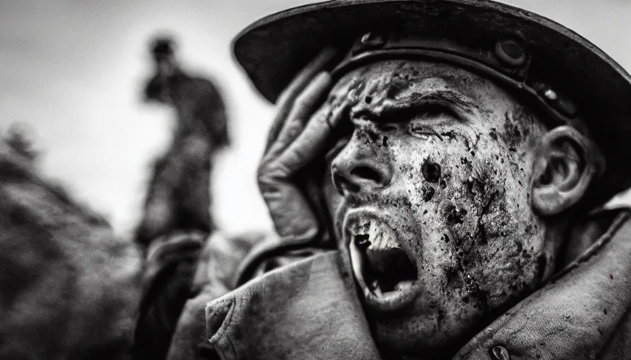 Image similar to World War 1 soldier screaming in anguish, close-up of face, wartorn landscape, dirty lens, shallow depth of field, cinematic lighting, IMAX, cinematography, 35mm