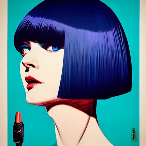 Image similar to woman with dark bobcut haircut with friendly blue eyes and slim features looking happy, underground box office hit, satire, seventies italian horror movie poster, giallo, intricate, ultra detailed 8 k, best, cool, extremely beautiful and aesthetic shape of face and neck, art by hiroaki samura and ilya kuvshinov and rossdraws and andy warhol, inverted