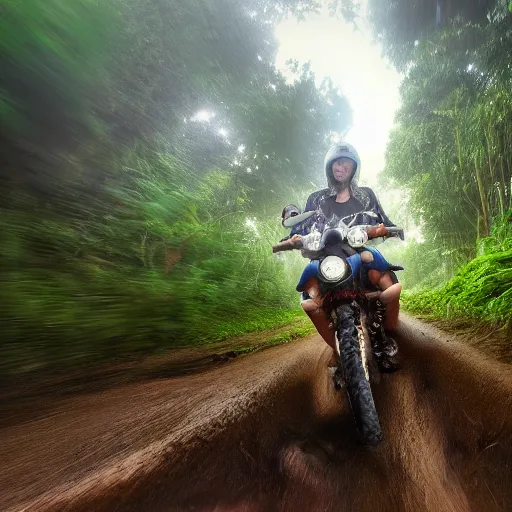 Image similar to potato riding a motorcycle through the jungle off - road low angle with rain and lightning