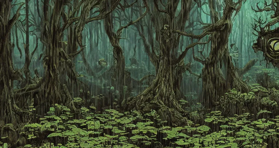 Prompt: A dense and dark enchanted forest with a swamp, by Hideaki anno