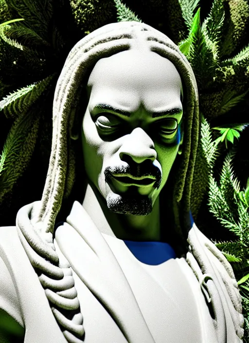 Image similar to snoop dog as marble statue, soft surface texture, very realistic 3 d render, soft sun lights, 4 k, high detailed photography result, in marijuanas gardens, 5 0 mm lens