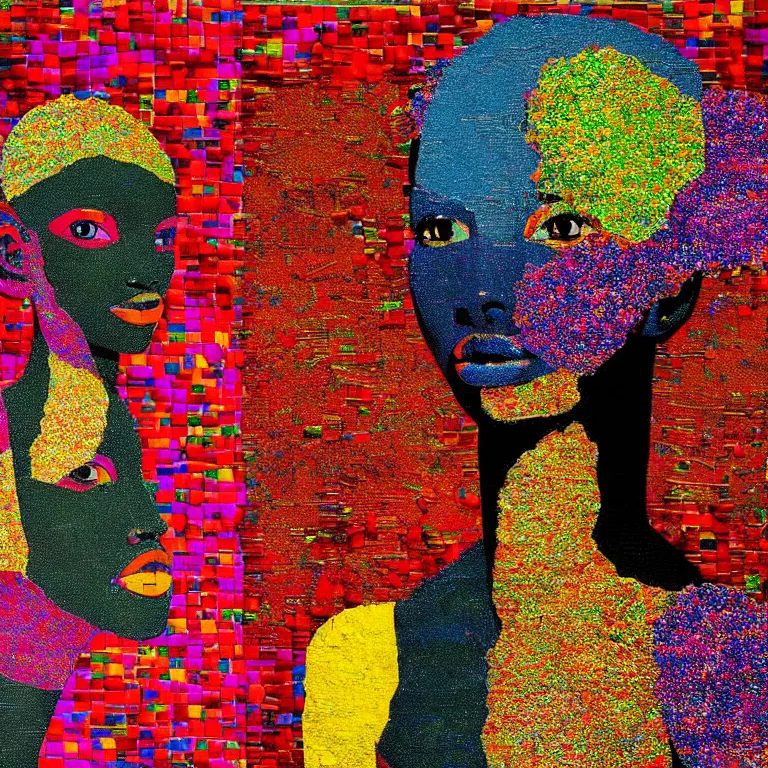 Prompt: beautiful anima girl lost in colors artwork by el anatsui