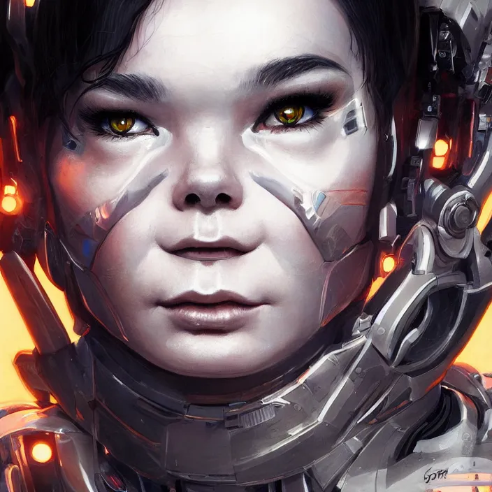 Image similar to cyborg bjork, portrait, symmetrical, highly detailed, digital painting, trending on artstation, concept art, sharp focus, illustration, art by artgerm and greg rutkowski and magali villeneuv