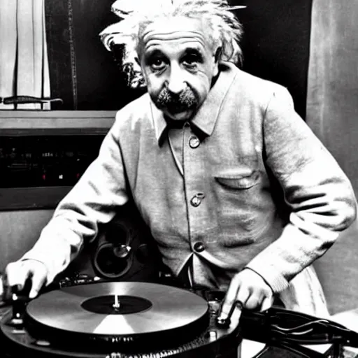 Prompt: photo of Albert Einstein DJing a record player, vintage, highly detailed facial features, at a nightclub