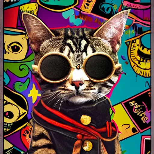 Image similar to extreme wide shot of a pirate cat, wearing an eye patch, pop surrealism, pop art, digital art. by Andy Warhol, wide shot, 4K, trending on artstation