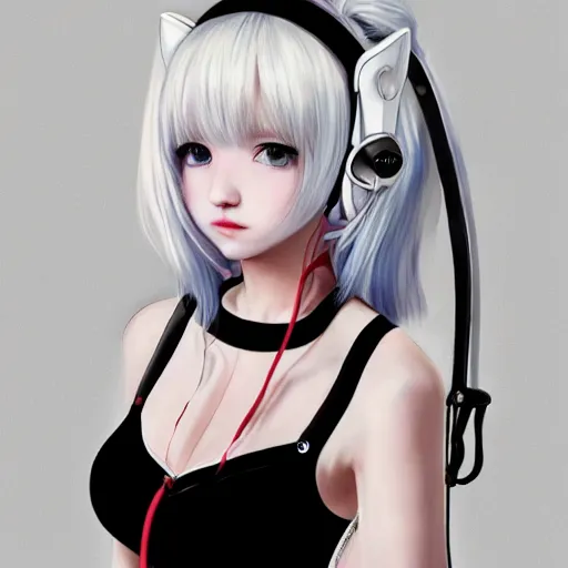 Image similar to realistic detailed semirealism beautiful gorgeous cute Blackpink Lalisa Manoban white hair white cat ears blue eyes, wearing black camisole maid outfit, headphones, black leather choker full HD 4K high resolution quality WLOP, Aztodio, Taejune Kim, Guweiz, Pixiv, Instagram, Artstation