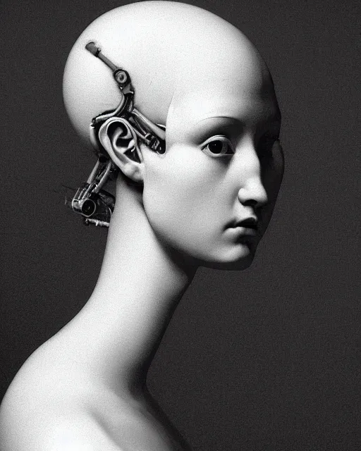 Prompt: a beautiful young female bio - mechanical cyborg fractal profile face, by caravaggio, by h. r. giger, glamor shot, tri - x 4 0 0 tx, closeup, blur effect, high contrast, 1 6 k, rim lights, rembrandt lighting, reflective, insanely detailed and intricate, elegant, hyper realistic
