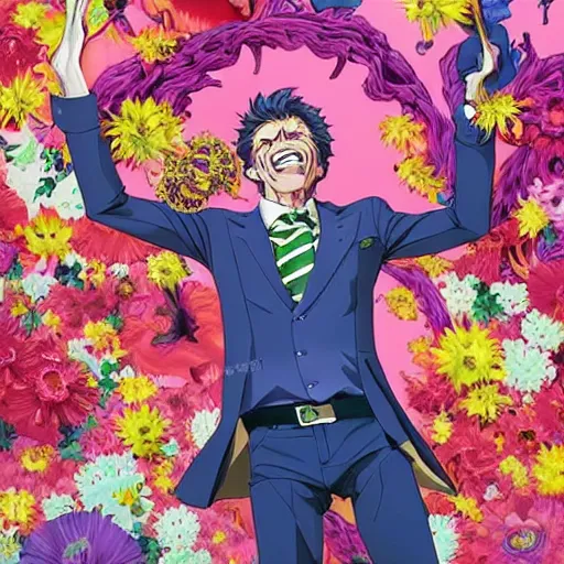 Image similar to willem dafoe, grinning, wearing a suit, posing, portrait surrounded by hibiscus flowers, jojo cover art, jojo anime style, david production, style of vento aureo cover art, style of stone ocean cover art, style of steel ball run cover art, style of jojolion cover art, ilya kuvshinov style, illustrated by hirohiko araki