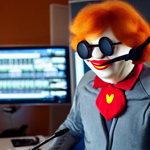 Image similar to radio broadcaster Ronald Mcdonald wearing headphones with microphone in studio