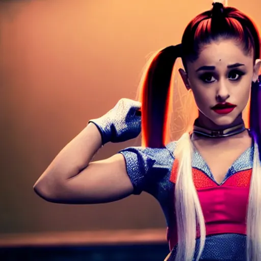 Image similar to Ariana Grande as real-life Harley Quinn, cinematic, Wide-shot, atmospheric lighting, directed by Ti West, extreme detail, 8K, movie still