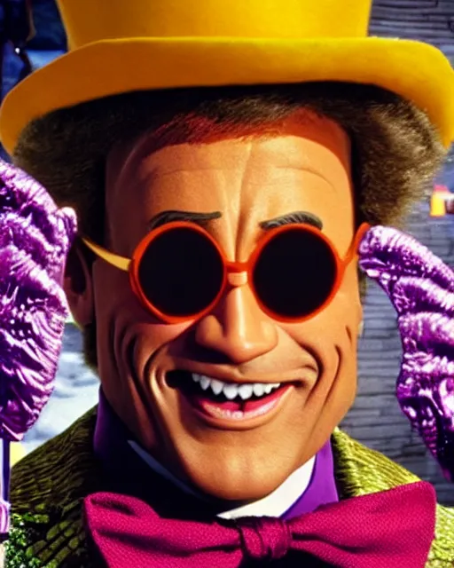 Image similar to Film still close-up shot of Dwayne Johnson as Willy Wonka from the movie Willy Wonka & The Chocolate Factory. Photographic, photography