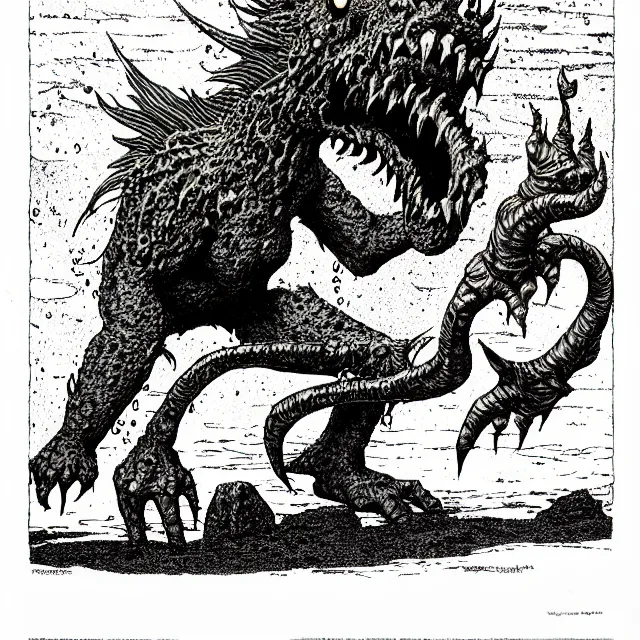 Prompt: オクタロック spitting rocks, as a d & d monster, pen - and - ink illustration, etching, by russ nicholson, david a trampier, larry elmore, 1 9 8 1, hq scan, intricate details, high contrast