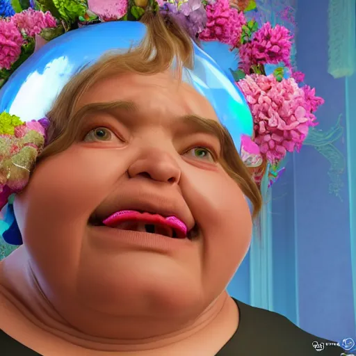 Image similar to of a very funny scene. ambient occlusion render. a sweet fat old woman is giving a birth to a huge colorful fish. flowery dress. mirror. symmetrical face, red mouth, blue eyes. deep focus, lovely scene. ambient occlusion render. concept art. unreal engine.