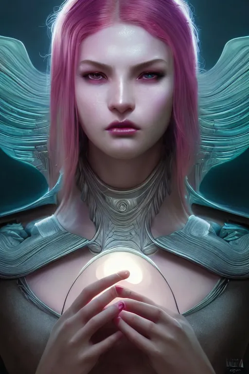 Prompt: ultra detailed, cinematic closeup photo of beautiful, female android deity, sharp focus, no blur, studio photo, model, floodlight. calm, angry, fantasy art, octane render, unreal engine. flowerpunk, noir. photorealistic concept art, triadic color scheme. art by artgerm and wlop and giger and greg rutkowski and alphonse mucha, 8 k