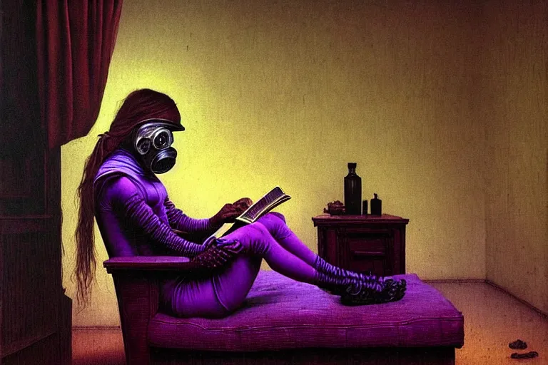 Image similar to girl with wearing a gas mask lying on the sofa reading a book in her room, in the style of beksinski, intricate and epic composition, purple by caravaggio, insanely quality, highly detailed, masterpiece, purple light, artstation, 4 k