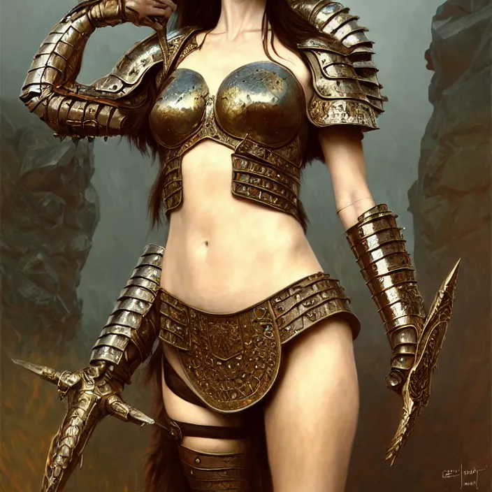 Image similar to Ancient queen Emily Ratajkowski wearing heavy armor, diffuse lighting, fantasy, intricate, elegant, highly detailed, lifelike, photorealistic, digital painting, artstation, illustration, concept art, smooth, sharp focus, art by John Collier and Albert Aublet and Krenz Cushart and Artem Demura and Alphonse Mucha