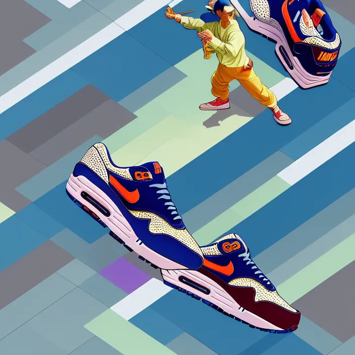 Image similar to excellent painted isometric view of 'nike air max 1', high quality masterpiece painted, patterned background, 4k, trending on artstation, octane render, art by James Jean and artgerm and greg rutkowski and alphonse mucha and craig mullins and James Jean and Andrei Riabovitchev and Marc Simonetti and peter mohrbacher