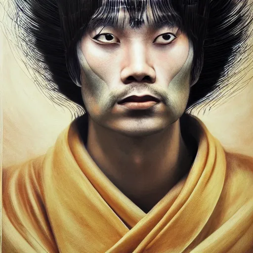 Prompt: a highly detailed radiosity 3d render of a man's face with long hair in kimono, an airbrush painting by David Alfaro Siqueiros, featured on pixiv, metaphysical painting, airbrush art, grotesque, wiccan, unreal engine 5, unreal engine, cryengine