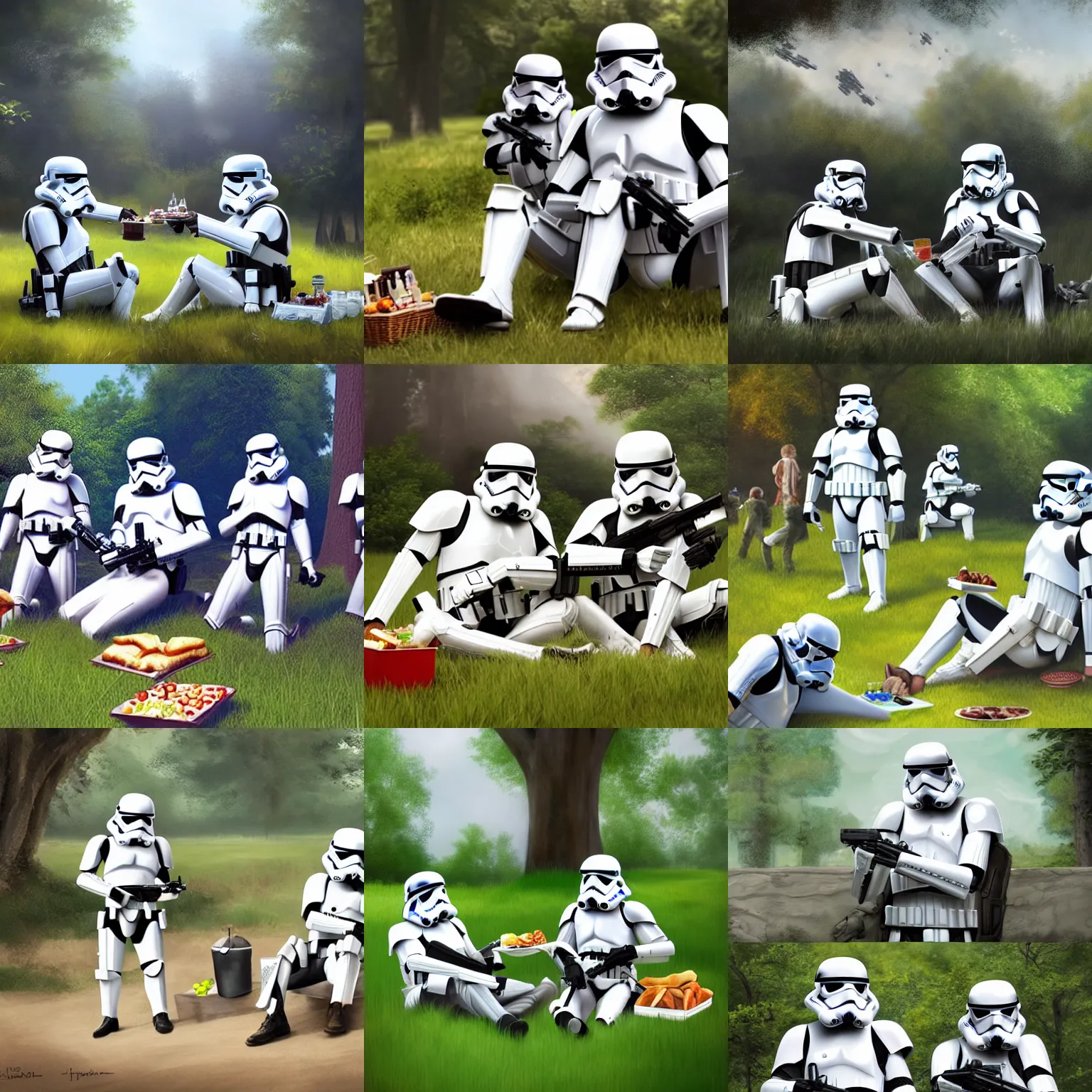 Prompt: stormtroopers having a picnic in a park, hyperdetailed, artstation, cgsociety, 8k