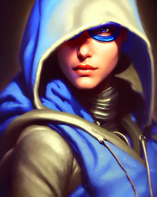 Image similar to ana from overwatch, blue hooded cloak, eye patch, character portrait, portrait, close up, highly detailed, intricate detail, amazing detail, sharp focus, vintage fantasy art, vintage sci - fi art, radiant light, caustics, by boris vallejo
