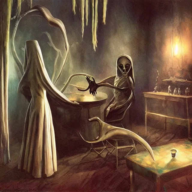 Image similar to a strange creature greeting a female explorer in a dining room, haunted house, masterpiece, grasping pseudopods, rhads!!!, magical realism, urban fantasy, a hooded figure, a fierce woman, ( h. r. giger )