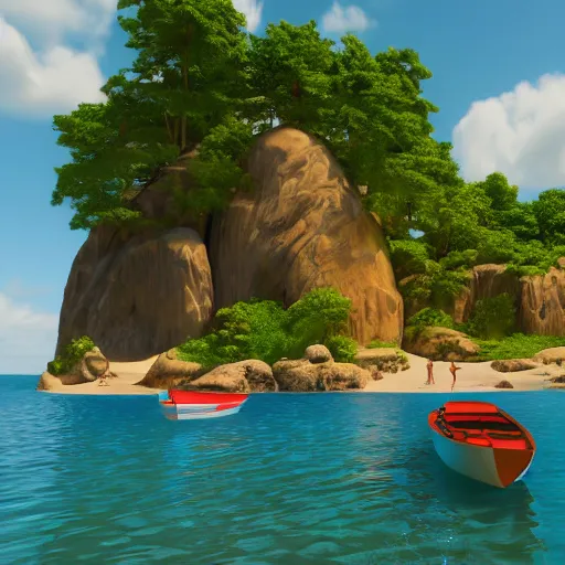 Prompt: utopian beach, women, naturist, boats, realistic, unreal engine, artstation,